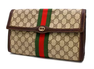 Gucci Vintage Bag Sherry Clutch Handbag Purse GG Supreme Brown Large Authentic • $288.99