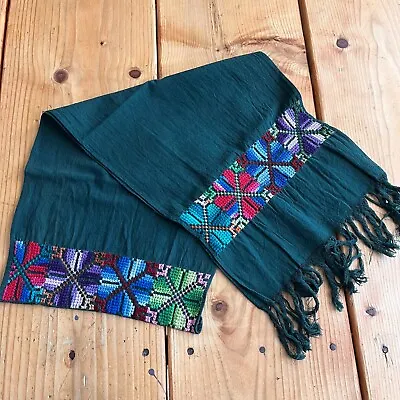 Maya Mexican Chiapas Green Rectangle Embroidered Table Runner Long Scarf 10x54In • $14