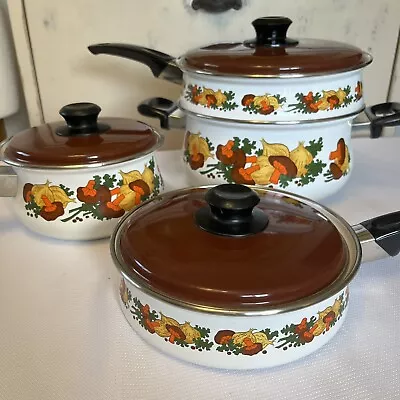 Retro Enamel Cookware Mushrooms Vegetables 7 Piece Set 70’s White Saucepan Fry • $68