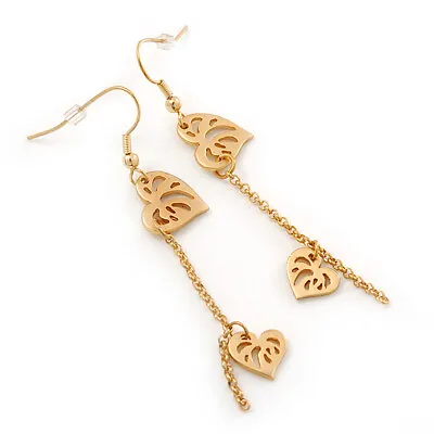 £3.99 • Buy Delicate Chain With Double Heart Drop Earrings In Matte Gold Tone/ 70mm Long