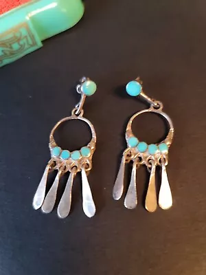 Vintage Zuni Dishta Style Sterling Silver Turquoise Dangle Earrings • $120