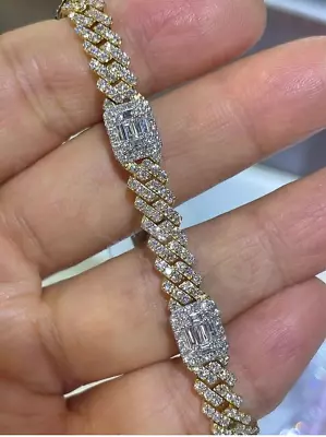 Men's Two Tone Plated 8 X 8  Cuban Bracelet Baguette Simulated Diamond Silver • $315.80