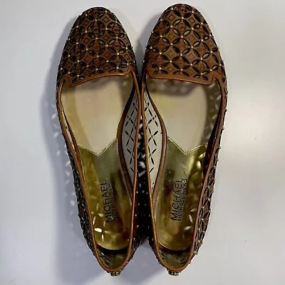 Michael Kors Leather Brown Cut Out Eylet Gold Studded Slip On Flats Shoes Size 8 • $22.40