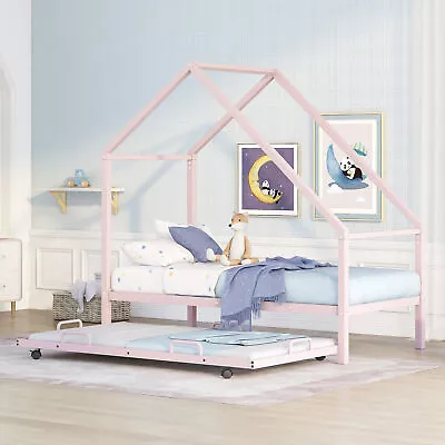 Metal House Bed With Trundle Twin Size House Bed Pink • $223.41