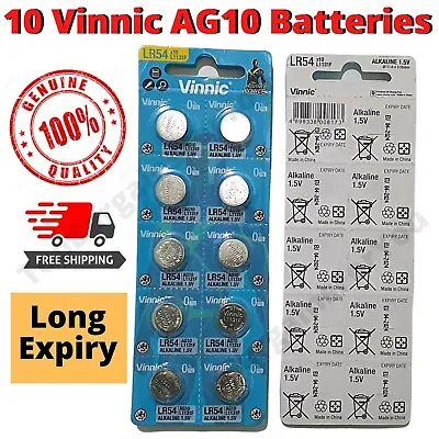 10 Vinnic 1131f Lr54 Ag10 Alkaline Batteries 1.5v Watch No Mercury Exp 2024 New • £3.99