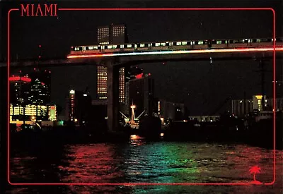 Postcard Train Railroad US Metro Rail Elevated Miami Florida FL Night View • $3.99