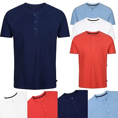 Ex Brand Mens T-shirt Short Sleeve Henley Plain Grandad Neck Tops Casual Summer • £6.95