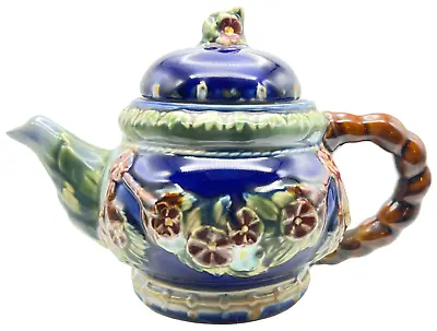 CBK Majolica Nouveau Lidded Teapot Wanjiang China Ceramic Blue Brown Pansies VTG • $18.99