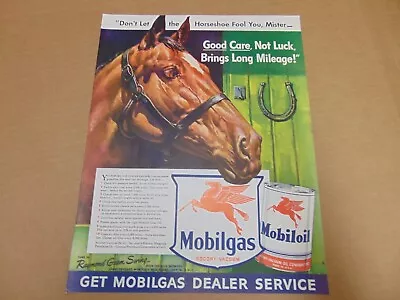 1942 MOBILGAS HORSE SAYS USE GOOD CARE NOT GOOD LUCK Vintage Art Print Ad • $12