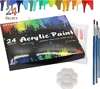 £6.99 • Buy Acrylic Paint Set 24 Tubes 3 Brushes 1 Paint Pallet Art Crafts Canvas Paper