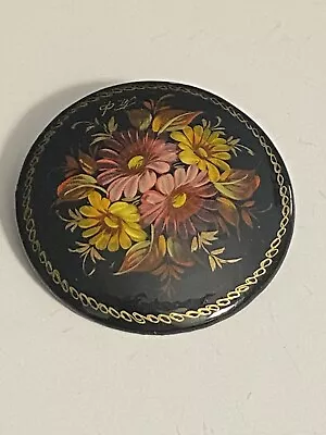 Vintage Estate Black Lacquer Hand Painted Pin Brooch Flowers Daisy • $2.99