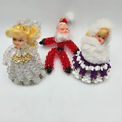 Vintage Safety Pin Chinelle Stem Beaded Christmas Doll Ornaments Santa Lot Of 4 • $12.95