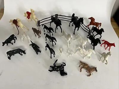 VINTAGE  1960's Marx MPC TimMee Plastic Toy Farm Horses Saddle Fence Cows Lot=24 • $10