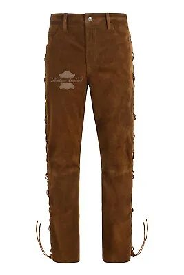 Men's Biker Laced Leather Trouser Tan Cow Suede Motorcycle Style Leather Pants • £139.99