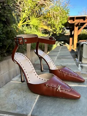 Vintage Manolo Blahnik Brown Leather Stitched Ankle Strap Heels EU 40 • $105