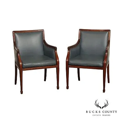 Smith & Watson Hepplewhite Style Pair Of Mahogany & Leather  Arm Chairs • $1295