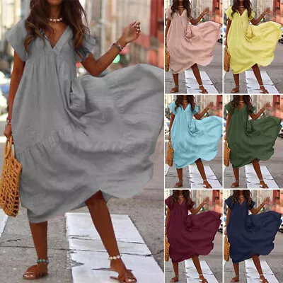 $28.49 • Buy AU STOCK ZANZEA Women Casual V-Neck Midi Sundress Kaftan Pullover Cotton Dress