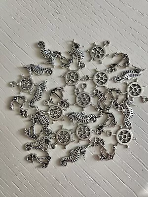 Job Lot 30 Nautical Charms Silver Tone Seahorse Ships Wheel Anchor • £3.50