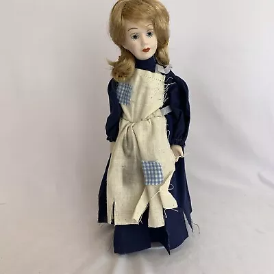 Blonde Hair Blue Eyes Worker Maid Porcelain Doll Foam Body Blue Dress Apron • $14.99