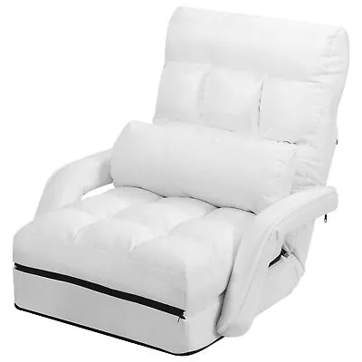 White Folding Lazy Sofa Floor Chair Sofa Lounger Bed With Armrests And Pillow • $82.99