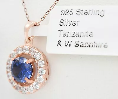 LAB CREATED 0.89 Cts AAA TANZANITE & WHITE SAPPHIRE PENDANT NECKLACE .925 SILVER • $0.99