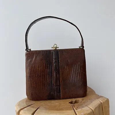 Escort Vintage 1950s  - Tan Lizard Clutch Purse Handbag W Gold Latch • $25