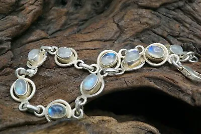 VTG. Sterling Silver Cabochon Moonstone Panel Link Bracelet 11.30Gr   7  Wrist • $54.88