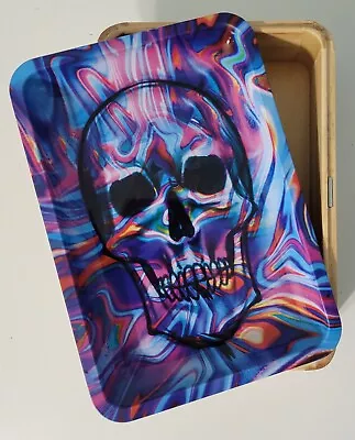 Magnetic Storage Tray Wooden Stash Box Rolling Tray Blue Skull Tye Dye Brand New • $17.99