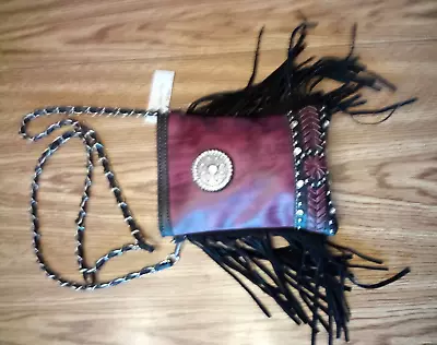 Bejeweled Crossbody Fringed Bag Wine Color 8x6  Chain Shoulder Strap Nwt • $32.02