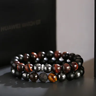 Mens Bracelets Black 10Mm Tigers Eye Onyx Lava Stone Hematite Beaded Bracelet • $9.99