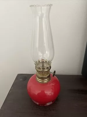 Vintage MINIATURE OIL LAMP Red Base W/ Glass Shade / Chimney. ITALY. • $24.99