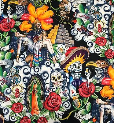 Mayan Pyramid Mexico Mexican Day Of The Dead Cotton Fabric Ideal For Apparel • £5.99