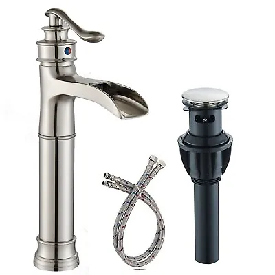 Tall Waterfall Bathroom Vessel Sink Faucet Single Hole Brushed Nickel Mixer Tap • $49.59