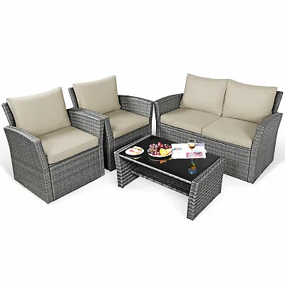 Patiojoy 4PCS Outdoor Rattan Furniture Set Sofa Table Storage Shelf Khaki • $349.49