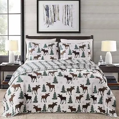 Beautiful Cozy Plaid Brown Green White Pine Tree Moose Log Cabin Lodge Quilt Set • $116.32