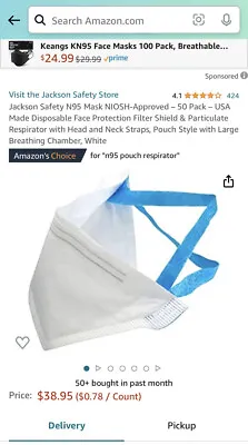 N95 Disposable Face Mask Cover NIOSH Respirator (Pack Of 50) • $13.50