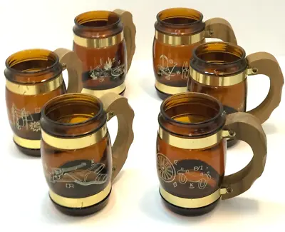 Set Of 6 Siesta Ware Amber Glass Banded Barrel 5  Mugs Wood Handles Vintage Used • $29.99