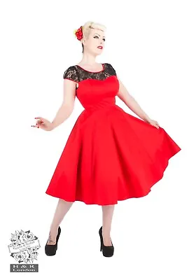 Hearts & Roses Red Black Mesh Lace Swing Pin Up Vintage Dress Size 12 UK New • $43.58
