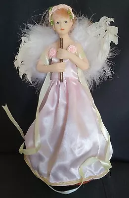 Porcelain Doll Strawberry Blonde Hair Blue Eyes Pink Angel Dress Flute On Stand  • $7.97