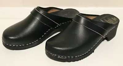 Moheda Toffeln Black Leather Slip-On Ladies Clog Sandals Sz. 41 • $44.99