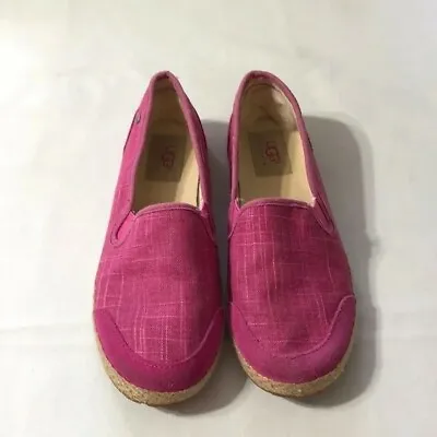 UGG Delizah Canvas Leather Sheepskin Girls 3 Pink Slip On Espadrille Flats • $22.97
