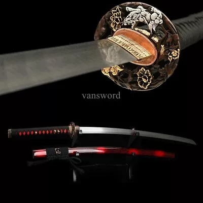 Japanese Samurai Katana Damascus Folded Steel Sword With Red And Black Scabbard. • $531.30