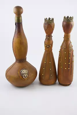 3 MidCentury Hand Tooled Leather Wrapped Liquor Bottle Decanters King Queen Lion • $69.95