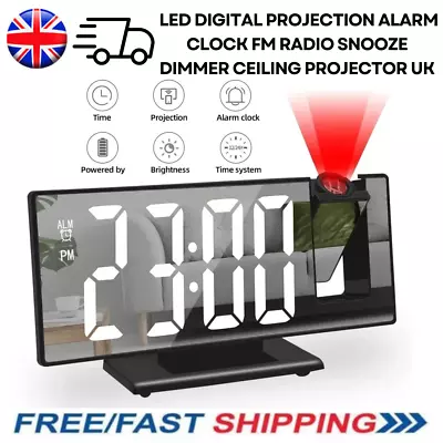 LED Digital Projection Alarm Clock FM Radio Snooze Dimmer Ceiling Projector UK • £14.99
