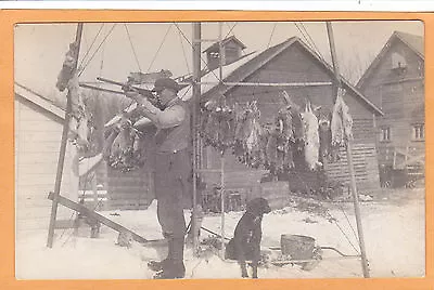 Real Photo Postcard RPPC - Hunter Aiming Rifle - Hunting - Rabbits • $49.99