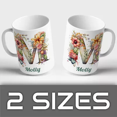 PERSONALISED FLORAL MUG Cup With Name Alphabet Letter Flower Present Birthday • £7.99
