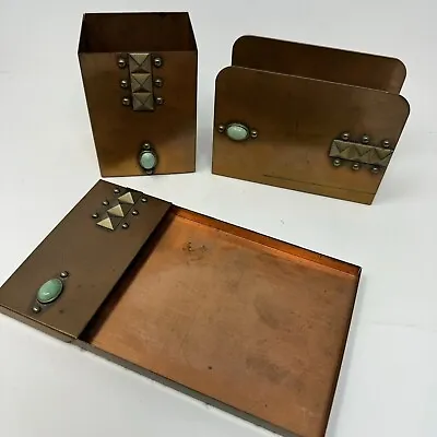 Vintage 3 Piece Desk Top Set Solid Copper And Turquoise Western • $150