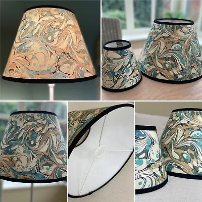 Marbled Ocean Paper Lamp Shade Tapered Conical Blue Green Cream Taped Edge/Trim • £48