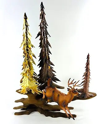 Vintage Brass Copper Deer Sculpture Trees Wood Metal Wall Art 13 X 15  • $35