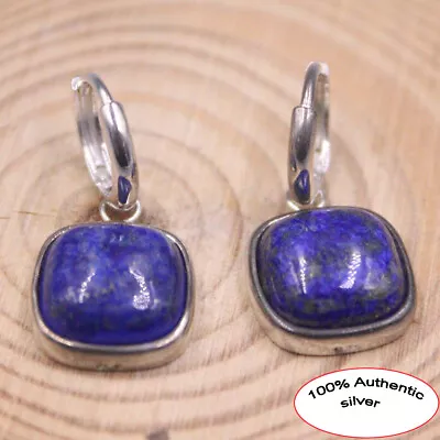 Real 925 Sterling Silver With Cushion Natural Lapis Lazuli Huggie Earrings  • $18.83